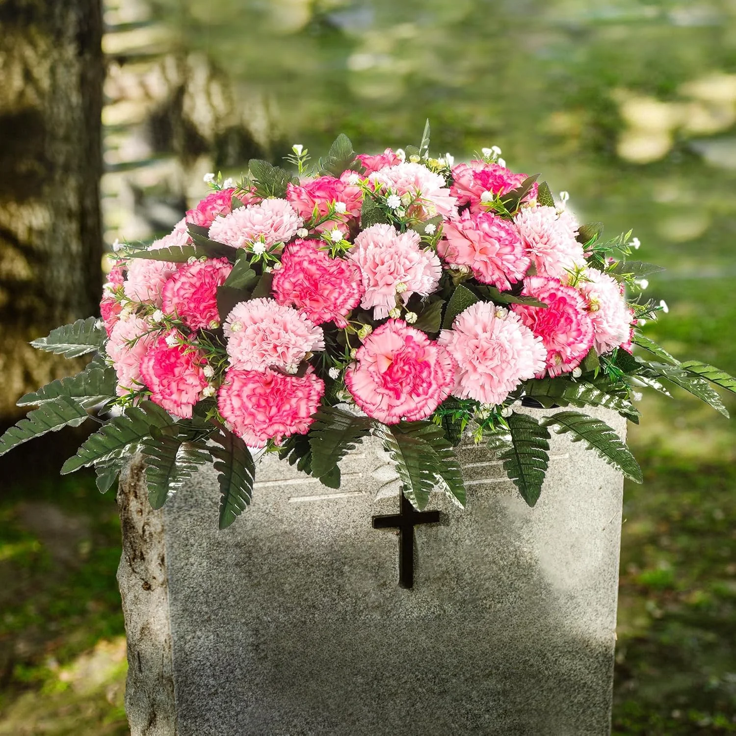 Artificial Cemetery Flower-Outdoor Grave Saddle Headstone Decorations,Pink and White Rose Memorial Day Flowers for gravesite