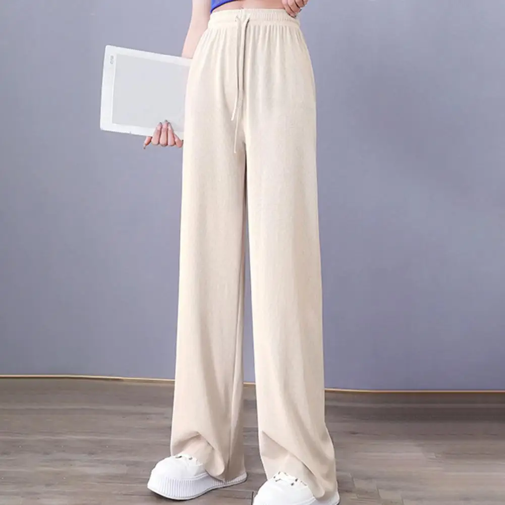 Women Work Pants Elegant Draped Wide Leg Pants Adjustable Elastic Waist Ice Silk Comfort Streetwear for Women Solid Color