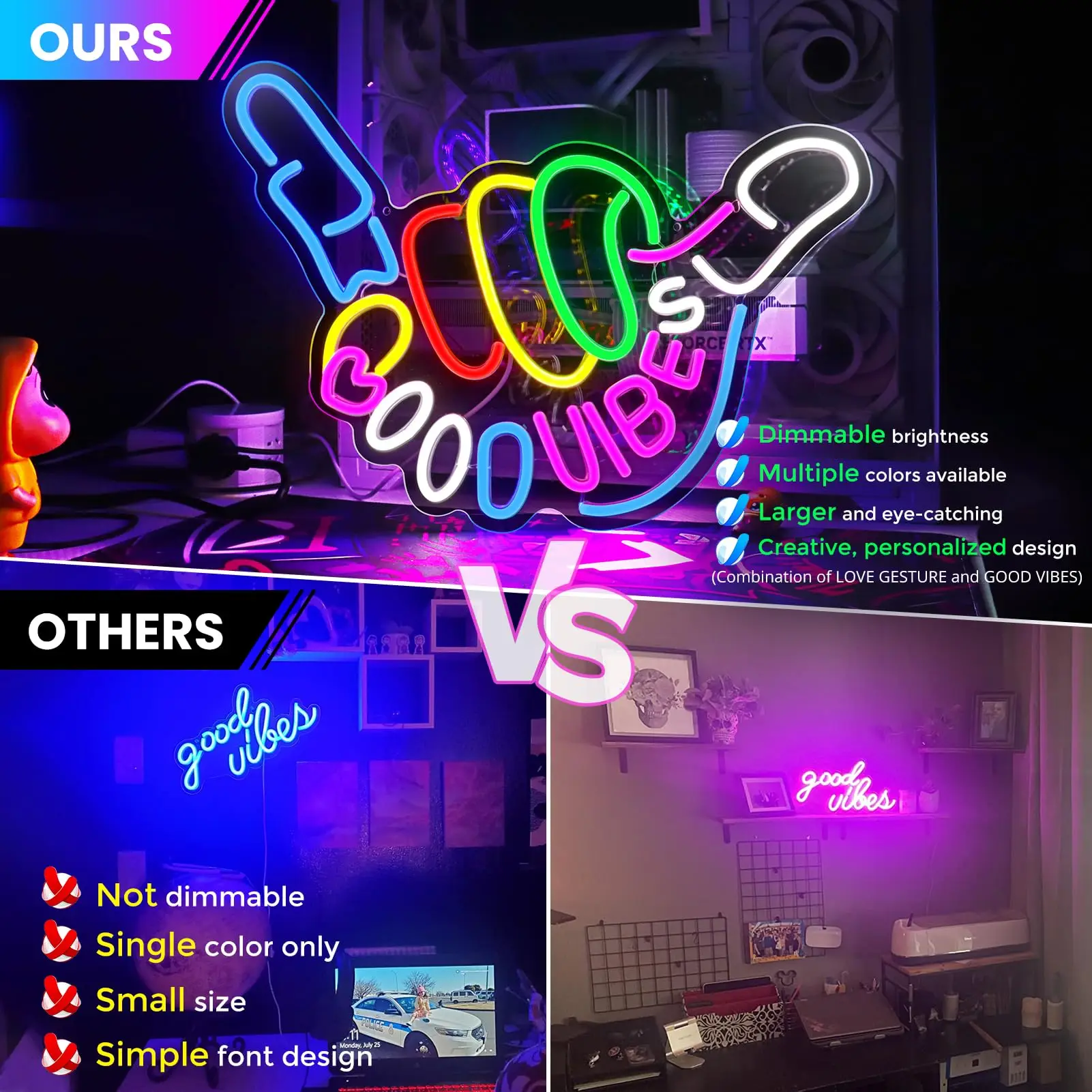 Good Vibes Neon Sign Dimmable USB Powered LED Wall Light for Bedroom Game Room Party Club Home Decor Gift