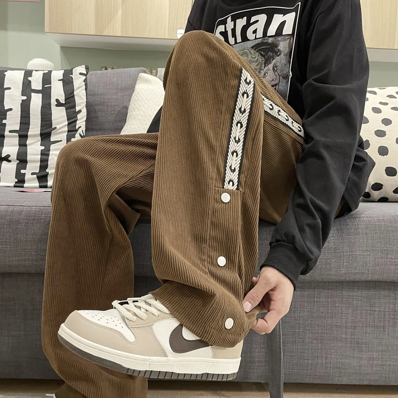 Men Corduroy Side Single-breasted Pants Weave Draw String Sweatpants Male American High Street Wide Leg Straight Trousers