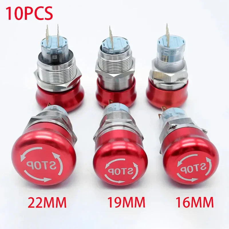 

10PCS 16mm19mm22mm emergency stop metal button switch red mushroom head fixed waterproof knob rotary switch 1NO1NC 2NO2NC