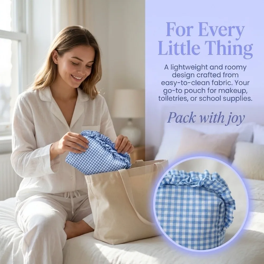 Quilted Design Ruffle Edge Makeup Bag Gingham Plaid Large Capacity Plaid Pattern Cosmetic Bag Portable Washable Toiletry Bag