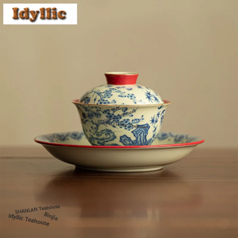 130ml-青と白の磁器-梅の花柄-蓋付き茶碗-レトロなティーポット-茶碗セット-蓋付き茶器-茶道具-装飾用