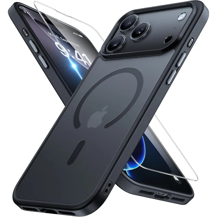 

Магнитный чехол для телефона iPhone 17 Pro 6.3 со встроенной защитной пленкой для экрана, совместимый с MagSafe в стиле милитари