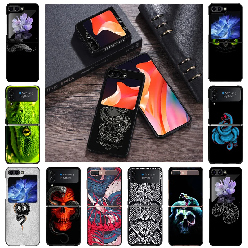 Hard Phone Cases For Samsung Z Flip 5 4 3 5G Snake Skin Print Galaxy Z-Flip4 ZFlip5 Black Matte Cover