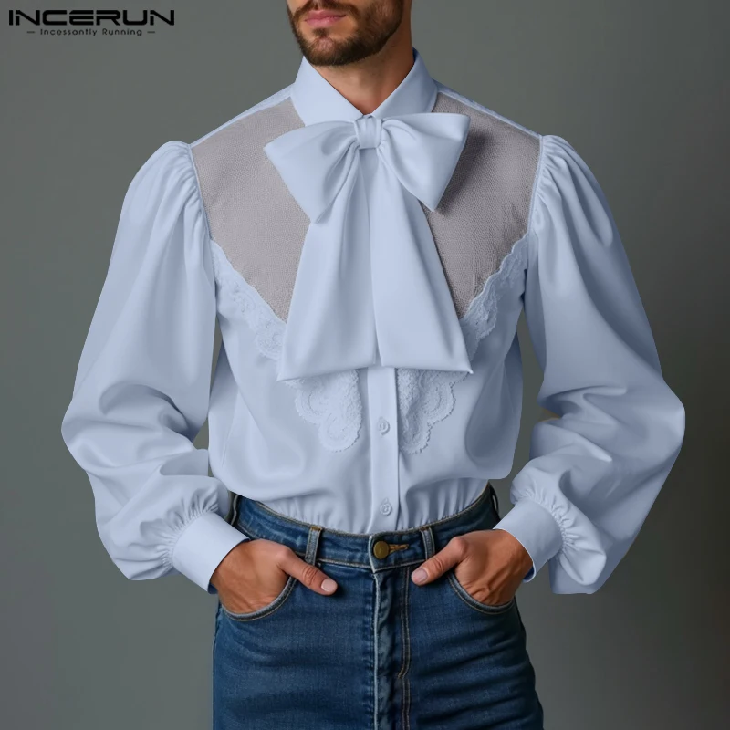 INCERUN Tops American Style Fashion Sexy Men's Lace Patchwork Bow Shirt Casual Well Fitting Male Long Sleeved Solid Lapel Blouse