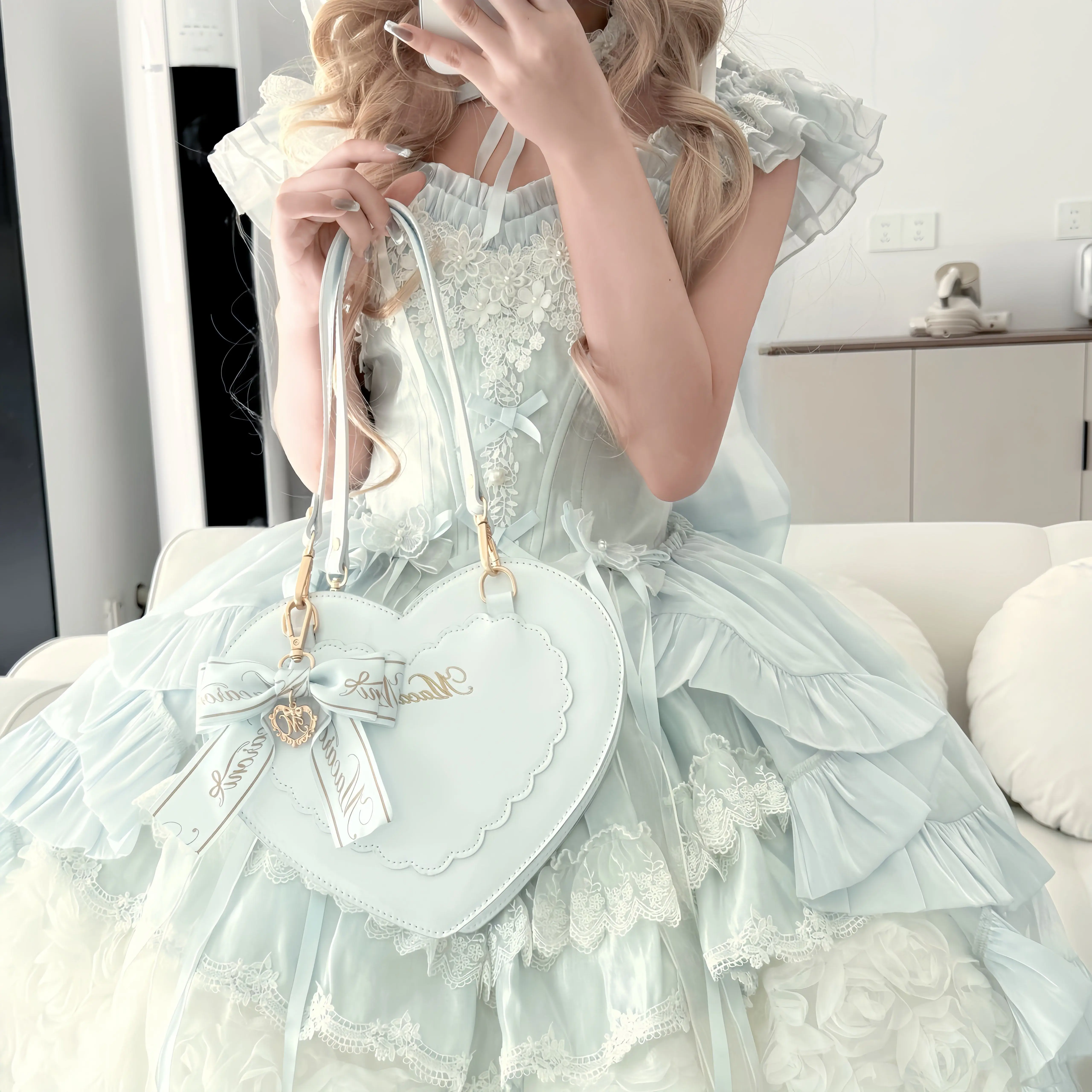 

Japanese Original Sweet Cute Heart-shaped Lo One Shoulder Crossbody Bag Soft Cute Girl Elegant Cal System Lolita Bow Women's Bag