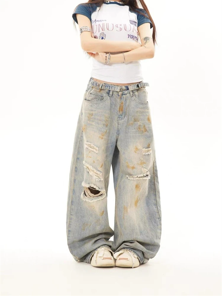 

Women's Make Old Dirty Design Jeans Street Style Trousers Young Girl Bottoms Female High Waisted Distressed Blue Denim Pants