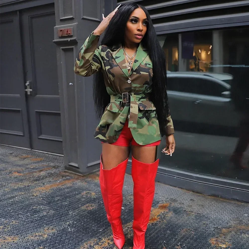 

Женские рабочие пиджаки с длинным рукавом и зубчатым вырезом, уличные блейзеры с камуфляжным принтом и поясом, топы, уличная верхняя одежда, пальто