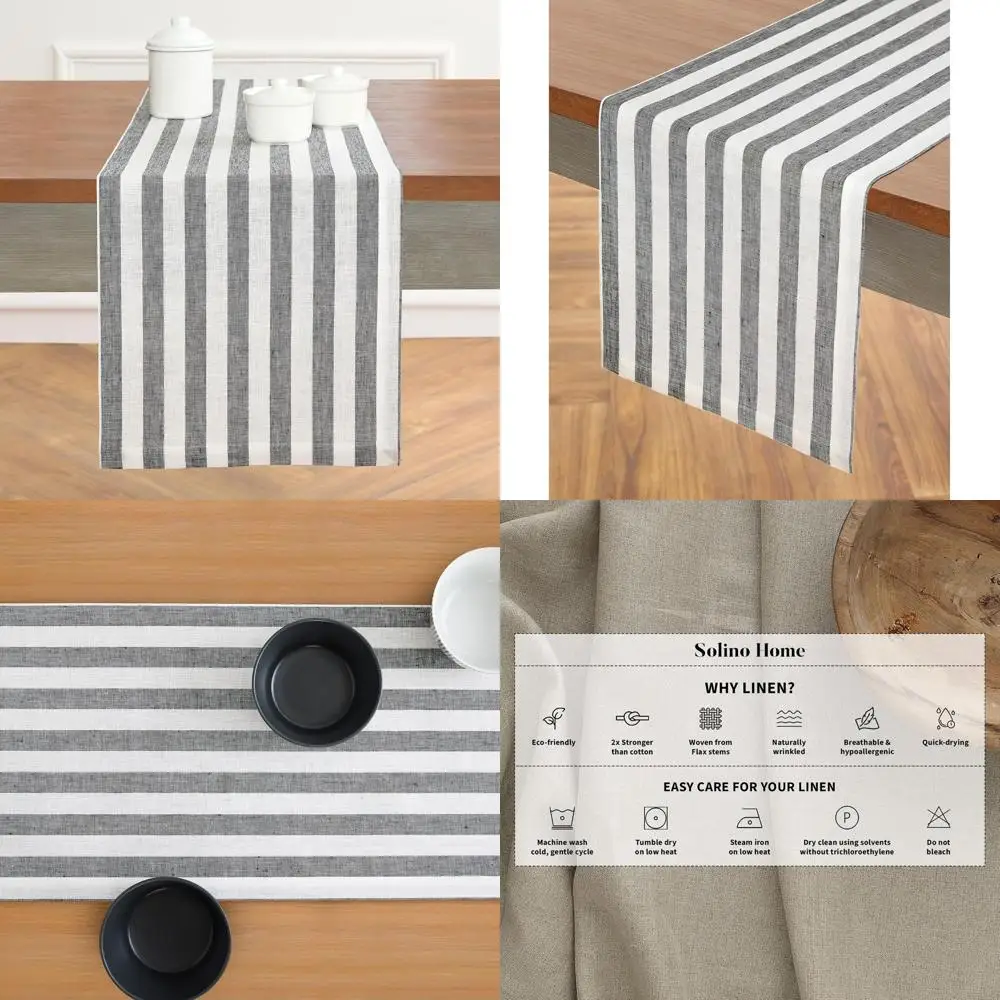 

Black and White Striped Pure Linen Table Runner, 14 x 120 Long