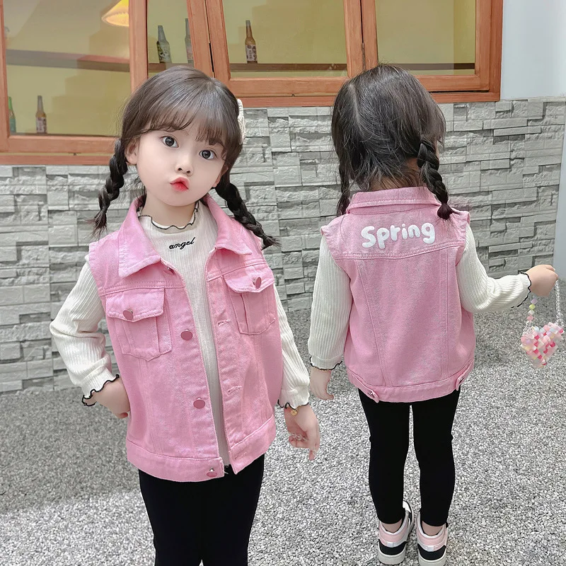 Girls Denim Vest Spring Autumn Lapel Sleeveless Children Waistcoat Cute Casual Single-Breasted Jean Outerwear