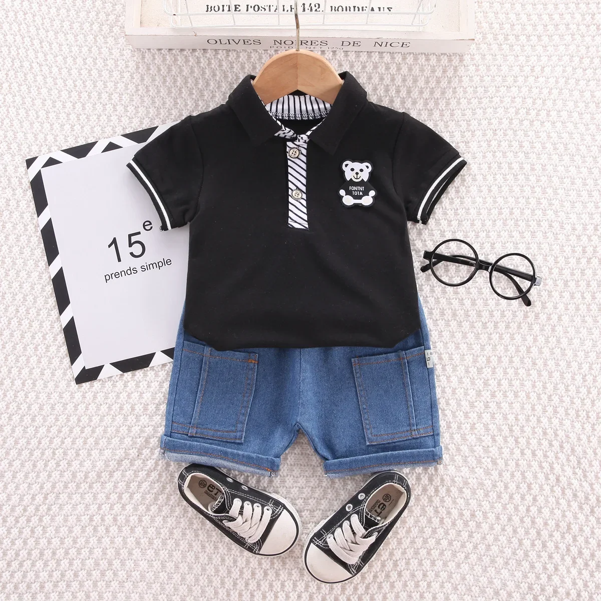 

2025 Summer Baby Boys Clothing Sets Korean Style Outfit for Kids Cartoon Short Sleeve Tops+ Denim Shorts Baby Boy Clothes