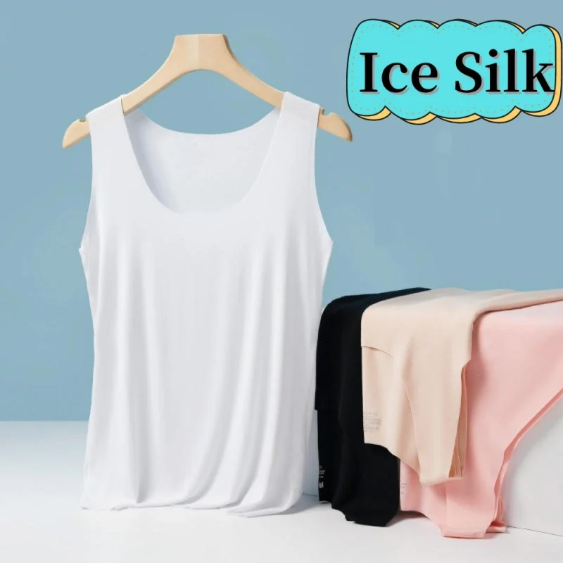 Hot Sale! Women Ice Silk Seamless Tank Tops Sleeveless O-Neck T Shirts Solid Color Bottoming Vest Basic Breathable Sports Top