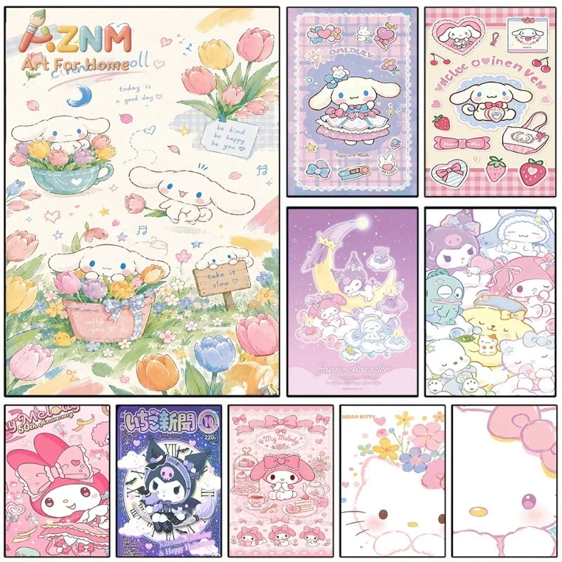 Sanrio Cinnamoroll Canvas Wall Art Unframed Print Tulip Floral Fresh Cartoon Poster for Bedroom Dorm Home Interior Wall Deco