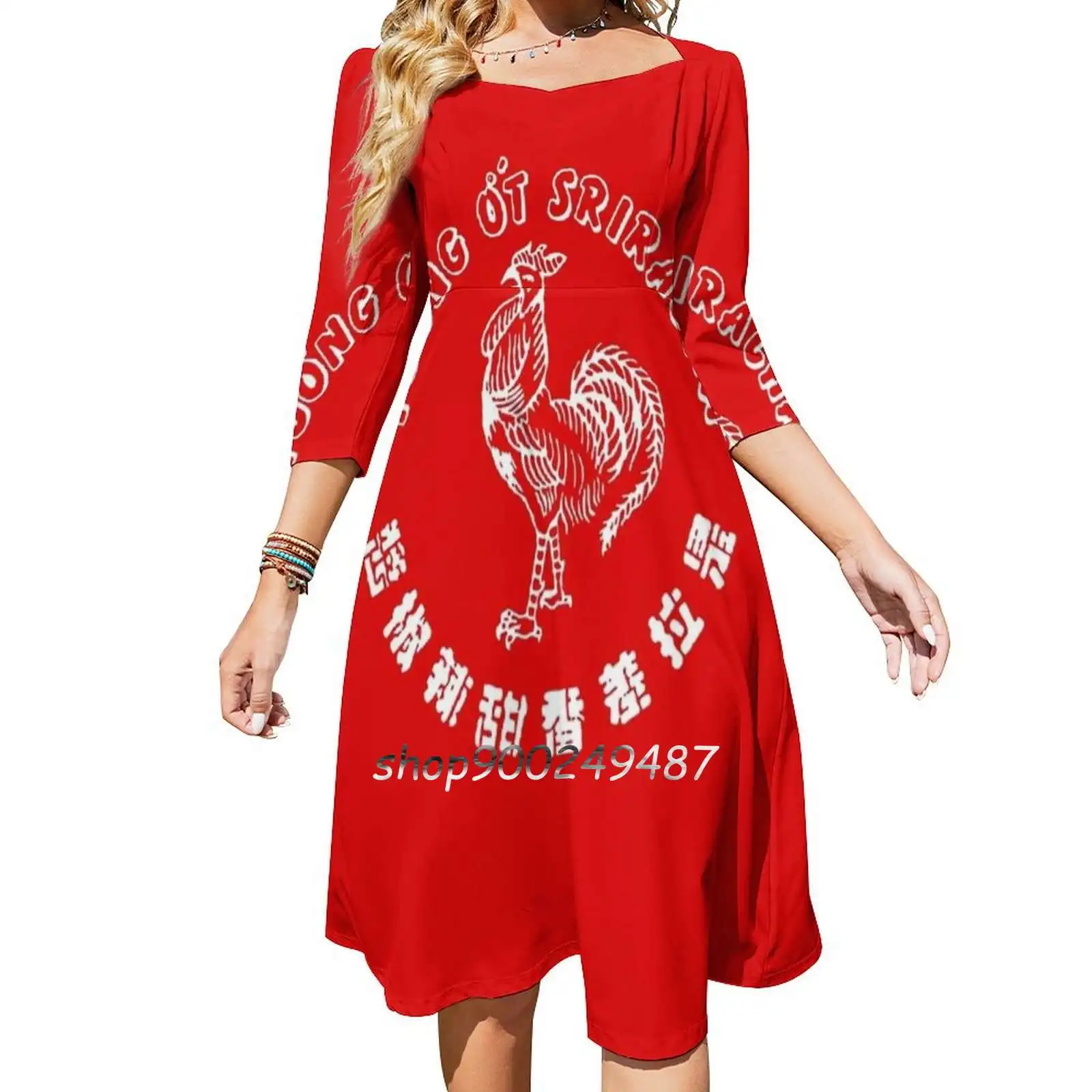 

Sriracha Square Neck Dress Cute Loose Print Dresses Elegant Beach Party Dress Sriracha Chilli Chili