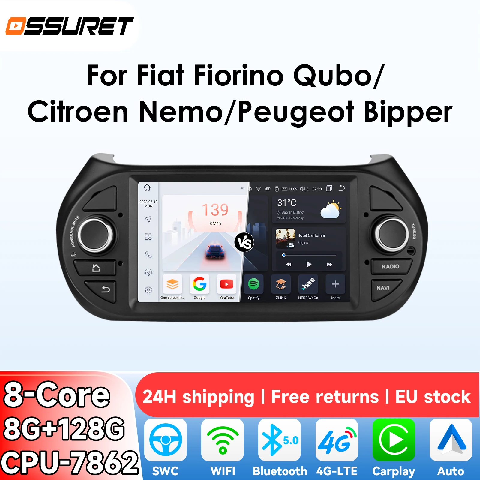 OSSURET 1Din 8G 128G Carplay 7'' Android Autoradio per Fiat Fiorino Qubo/Citroen Nemo/Peugeot Bipper GPS Lettore Multimediale Video