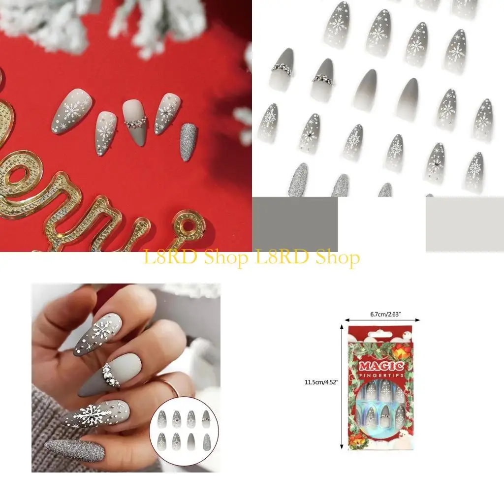 L8RD 24Pcs Christmas False Nails Christmas Press On Nails Snowflake False Tips