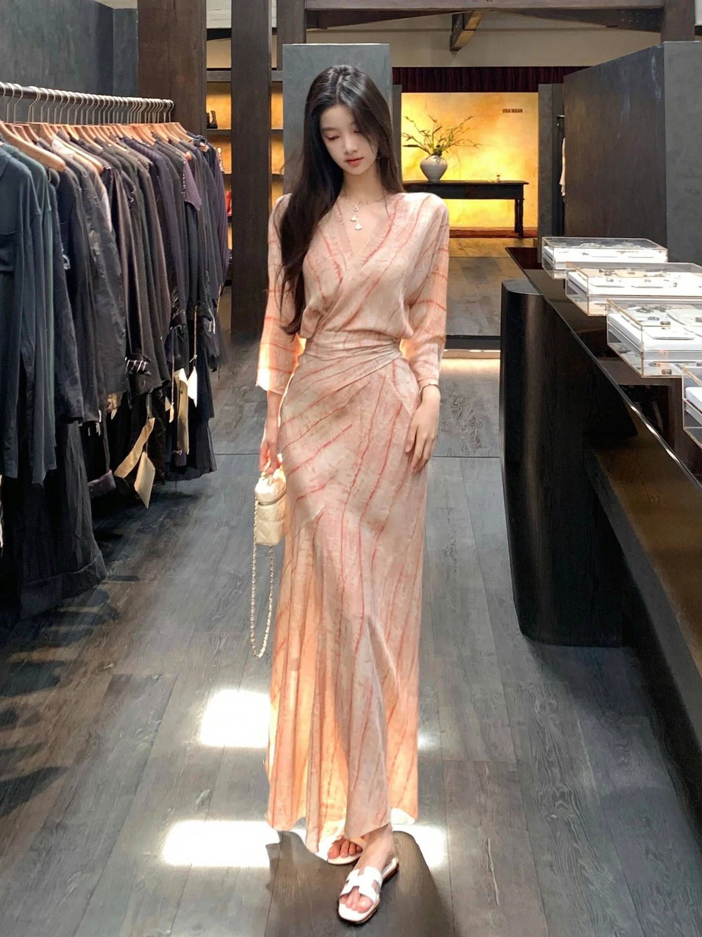 Ele rose v-ne dr femmes été taille haute a-ligne jupe longue doux Sle Polyester fibre support Version complète Sve