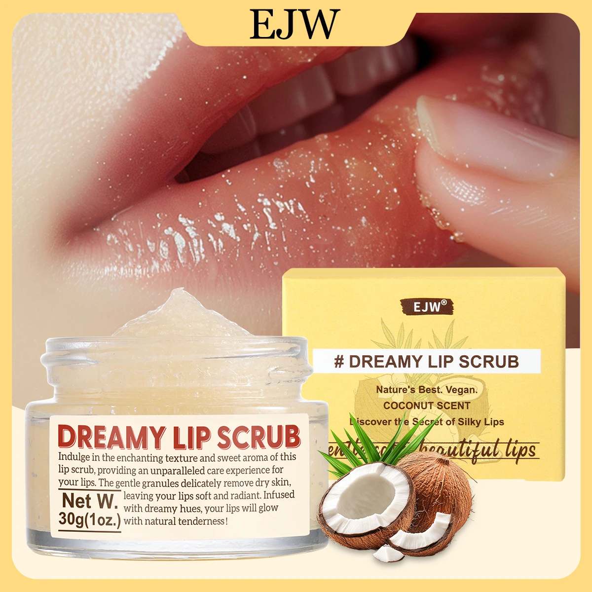 Coconut Sugar Lip Scrub for Dry, Cracked and Dark Lips – Lip Scrubber Exfoliator and Moisturizer with Coconut & Essential Oils
