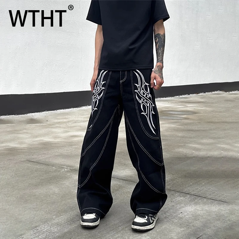 

WTHT Vintage Men's Embroidery Patchwork Contrast Color Denim Pants Fashion High-waisted Wide Leg Jeans Male 2025 Summer 2A1329