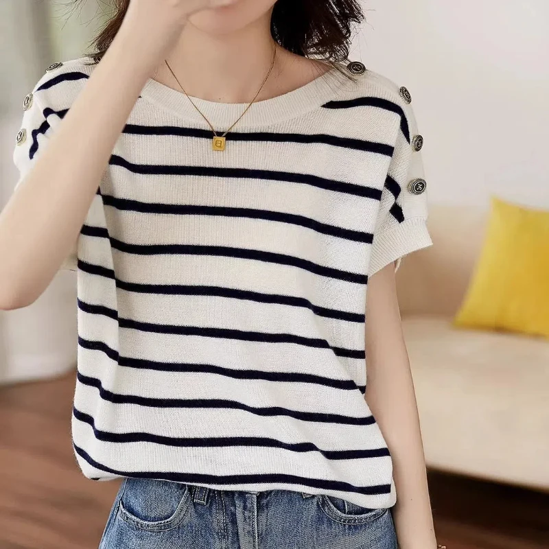 Summer Women\'s Clothing Pullover Button Striped Short Sleeve Sweater Knitted Thin T-shirt Casual Loose Fashion Elegant Tops