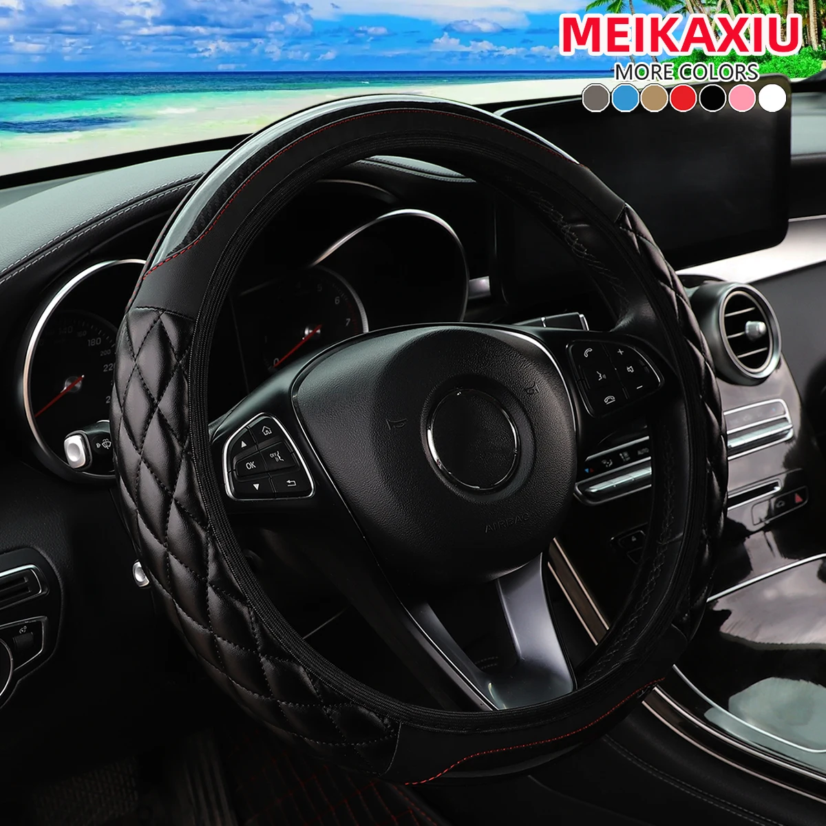 1 crystal carbon fiber embroidered leather automotive steering wheel cover without inner rim for 14.5-15 inchcar accessories