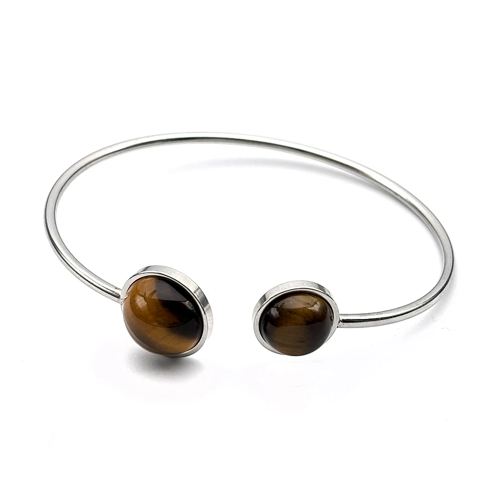 Minimalistischer Doppel-Tigerauge-Stein Offener Armreif für Damen, Edelstahl Natürliche Eleganz Damen-Armband Schmuck-Accessoire – Detail 4