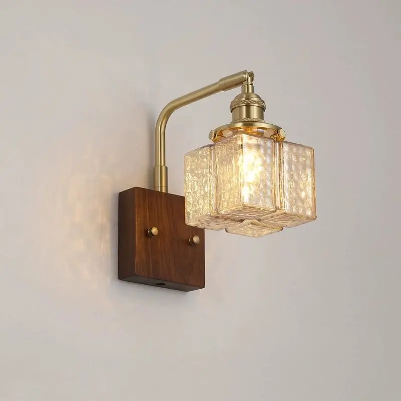 

Glass walnut wall lamp adjustable medieval style bedroom study entrance bedside lamp wabi sandy wind aisle lamp