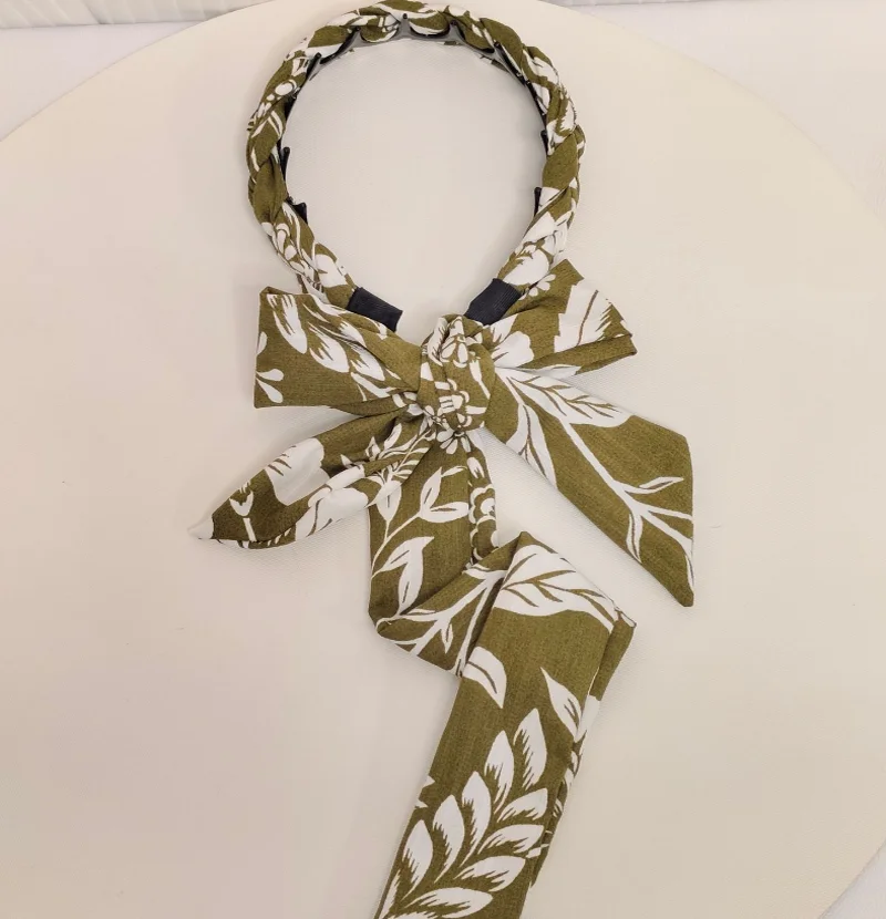 

New Vintage Texture Printed Headband with Long Bow Ribbon Braided Hair Hoop with Teeth Anti Slip Women Travel Casual Hairband