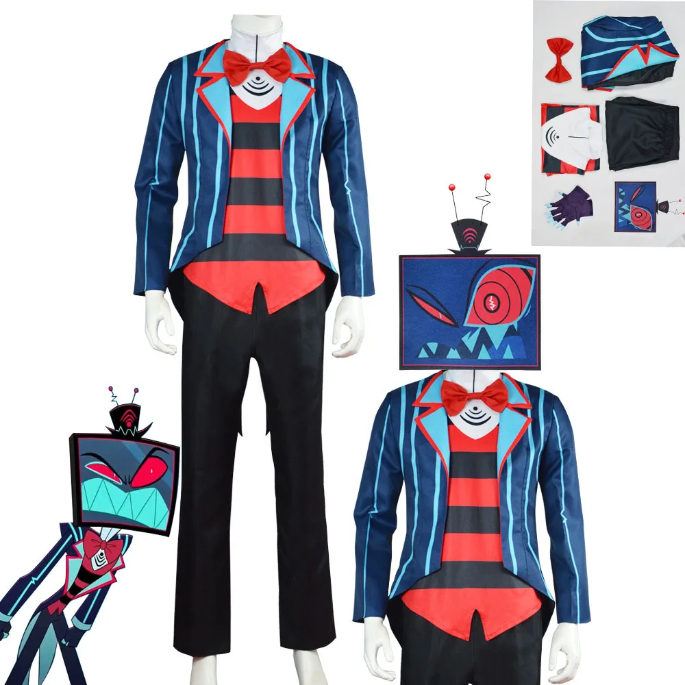 2026 Heißer Hazbin Hotel Vox Cosplay Kostüm Komplettset Cartoon Hotel Top Hose TV-Maske Komplettset TV-Maske Verkleidung Halloween Karneval
