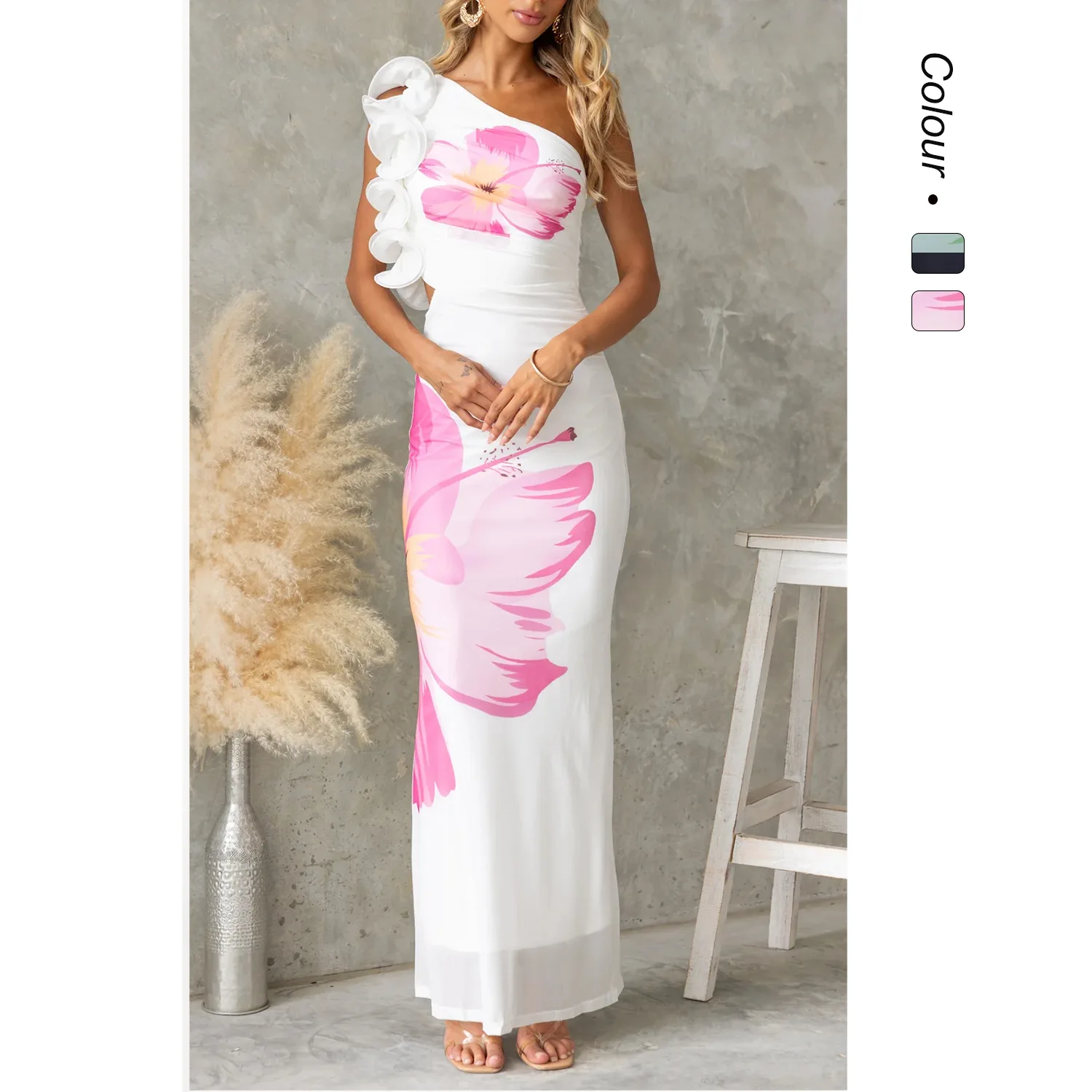 

Сетчатое летнее новое европейское и американское модное тонкое платье на одно плечо