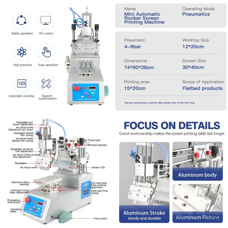 for D710 Small Semi Automatic Swing Arm Screen Printing Machine Pneumatic Drive Rocker Arm Structure for Printing Electronic