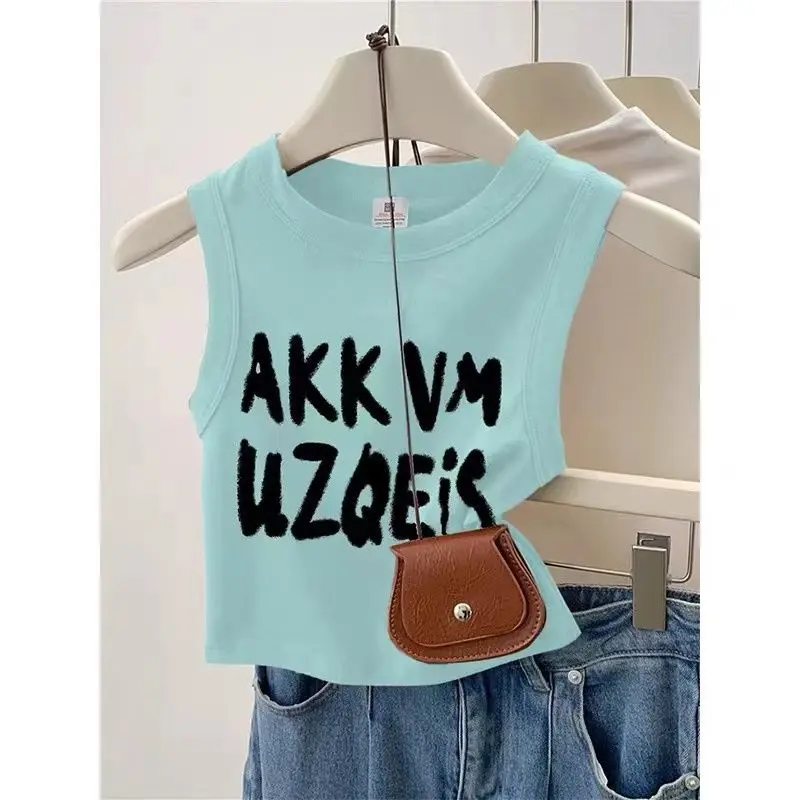 

Summer New Chic Letter Printing Pure Cotton Tanks Women Clothing Slim O-neck Casual Sleeveless Tops