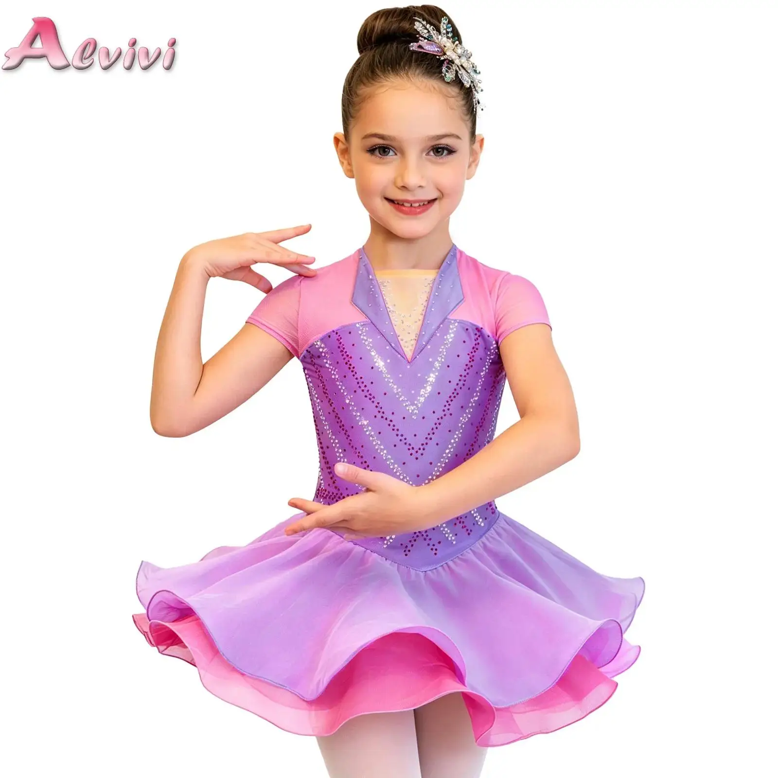 

Kids Girls Ballet Dance Dress Figure Skating Competition Wear Short Sleeve Mesh Patchwork Shiny Rhinestone Ruffle Leotard Dress