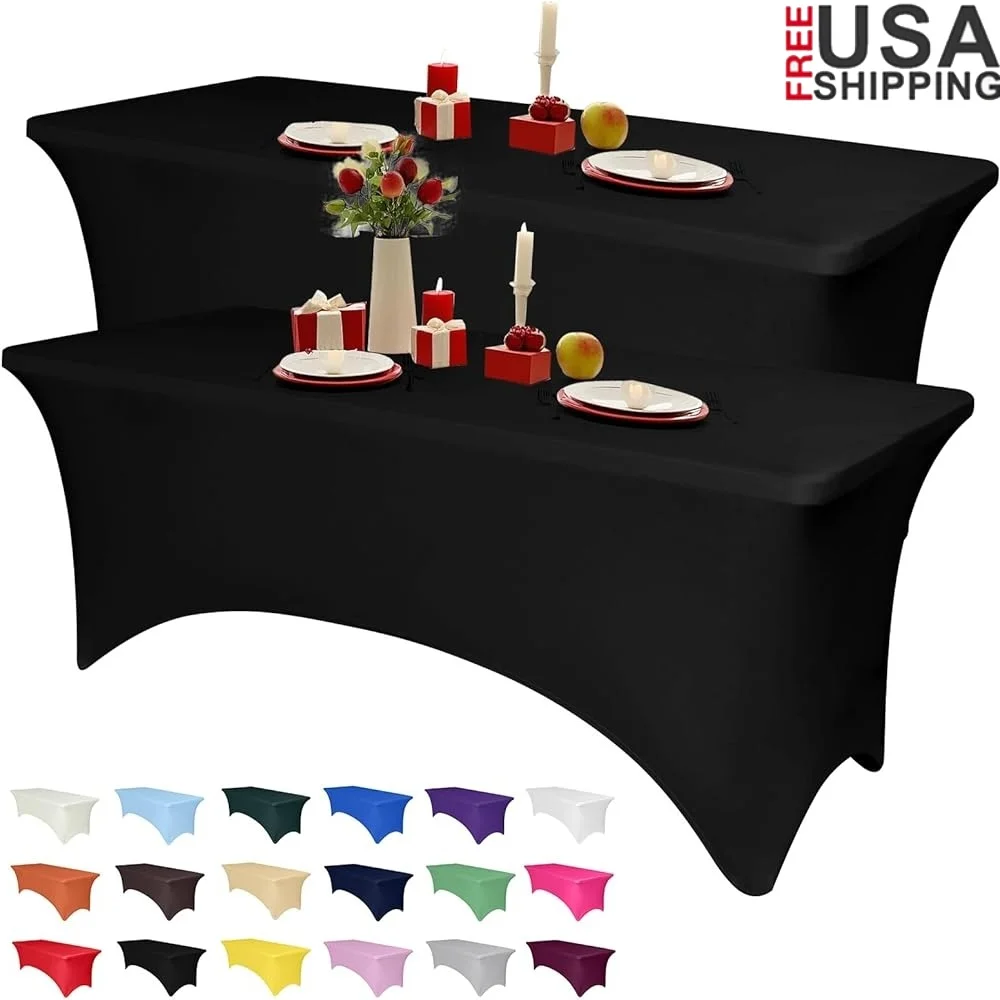 

2 Pack 6 Feet Black Spandex Tablecloth Fitted Stretch Rectangle Washable Wrinkle Resistant Event Wedding Party Table Cover