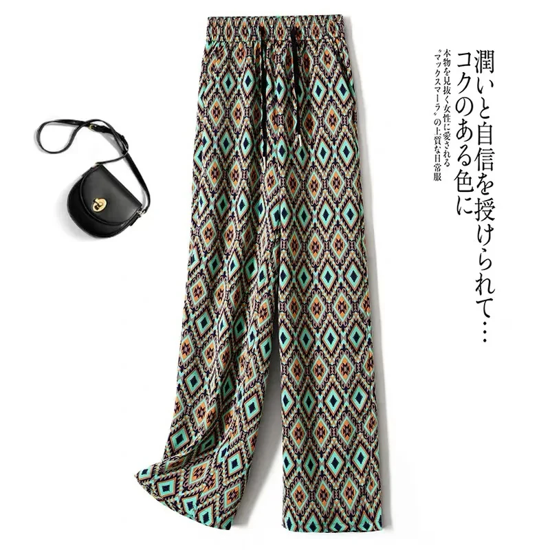 

Print Korean Fashion Vintage Chiffon Straight Women's Pants Summer Cool Thin Elastic High Waist Ankle-length Pants for Women