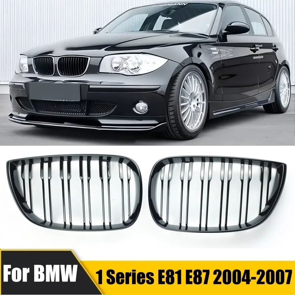 Błyszczący czarny przedni grill nerkowy z podwójną listwą do BMW serii 1 E81 E87 Pre-facelift 5-drzwiowy 2004 2005 2006 2007