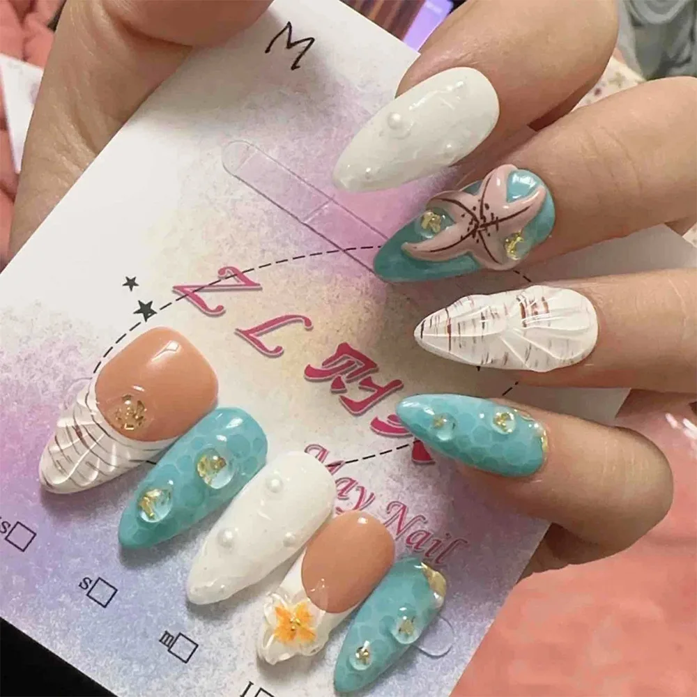 

24Pcs Mid-length French Almond False Nails Press on 3D Starfish Pearl Design Full Cover Nails Tips Detachable Finished Fake Nail