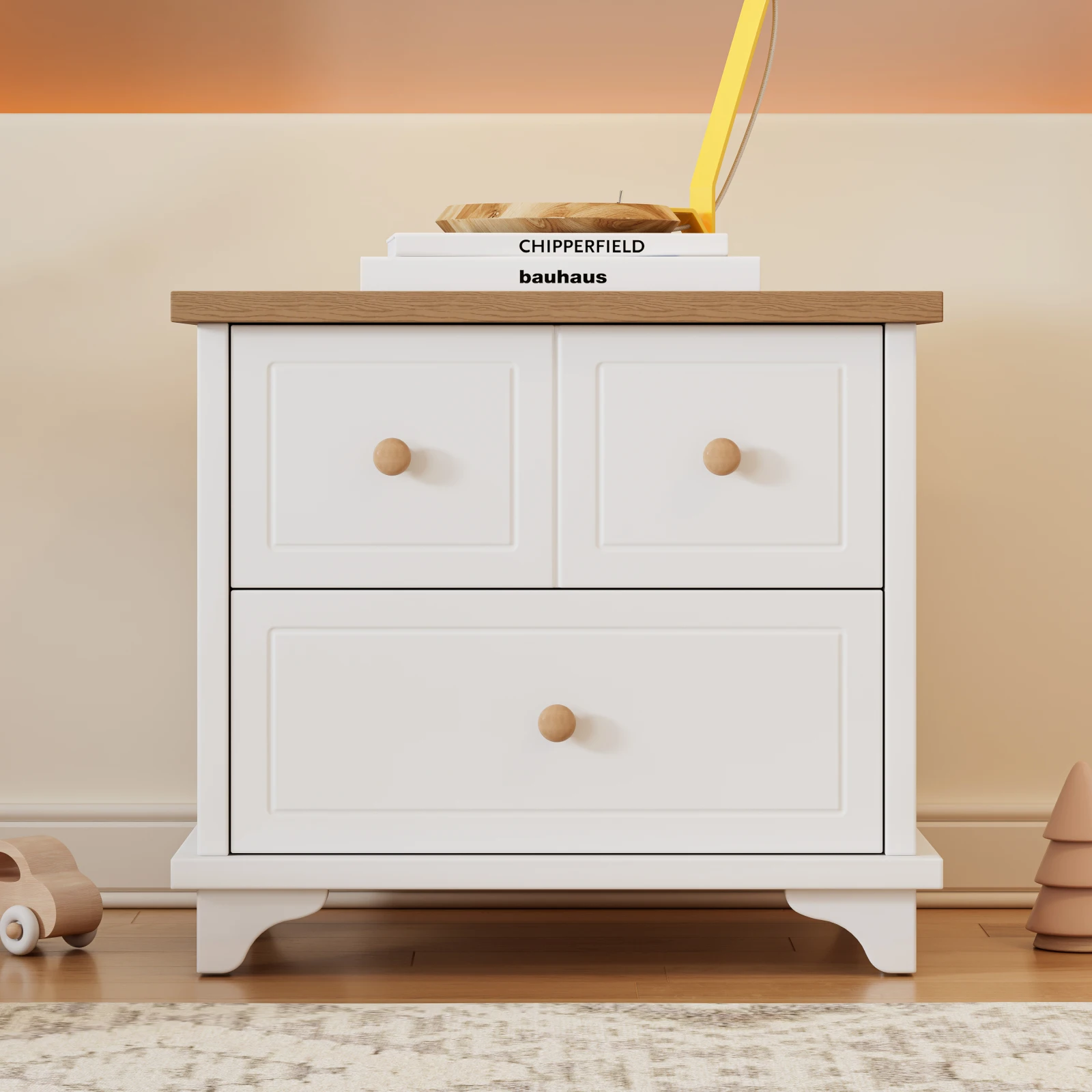 Bedside table with 2 drawers, silent glides, beautifully crafted feet, storage space in the living room and bedroom