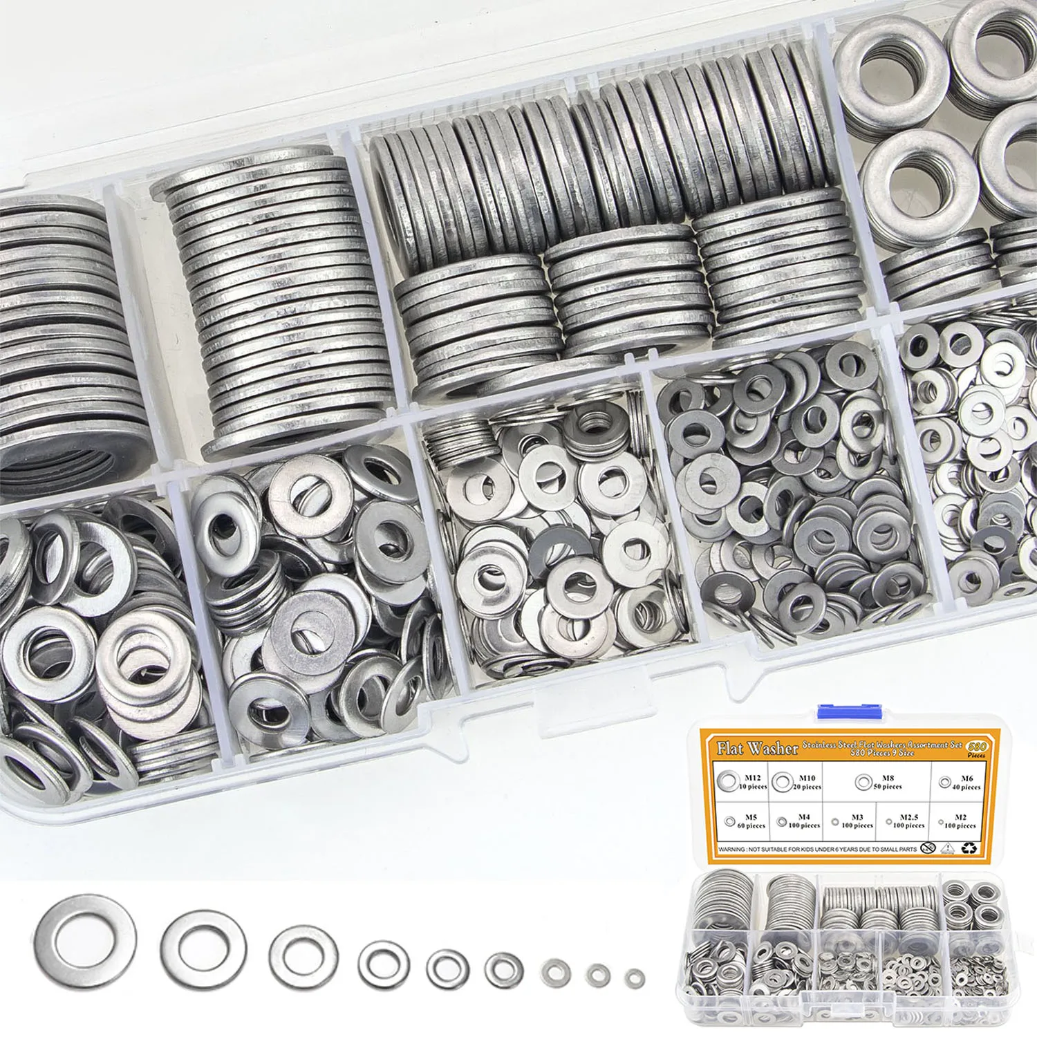 360/580PCS Stainless Steel Flat Washer Set, 9 Sizes-M2 M2.5 M3 M4 M5 M8 M10 M12