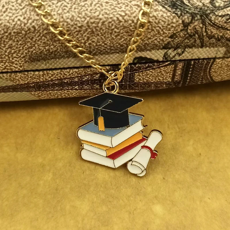 Creative Cartoon Bachelor\'s Hat Enamel Alloy Pendant Graduation Bouquet Necklace For Women Trendy Charm Student Jewelry Gifts