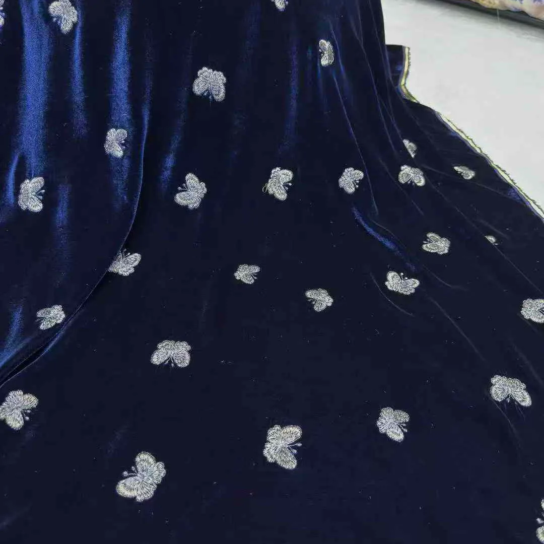 135CM Wide Butterflies Embroideried Warm Velour Silk Fabric for Autumn Dress Jacket Blue Velvet Fabric for DIY Sewing R7173