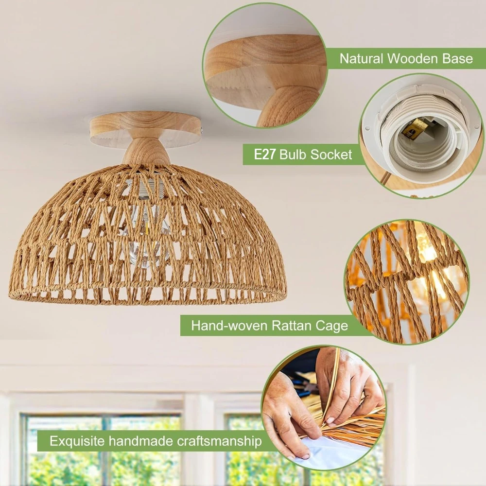 JOYINLED Retro Handmade Woven Rattan Shade Semi Flush Mount Ceiling Light for Foyer, Study, Entryway, Bedroom, E26 E27 Lamp Base