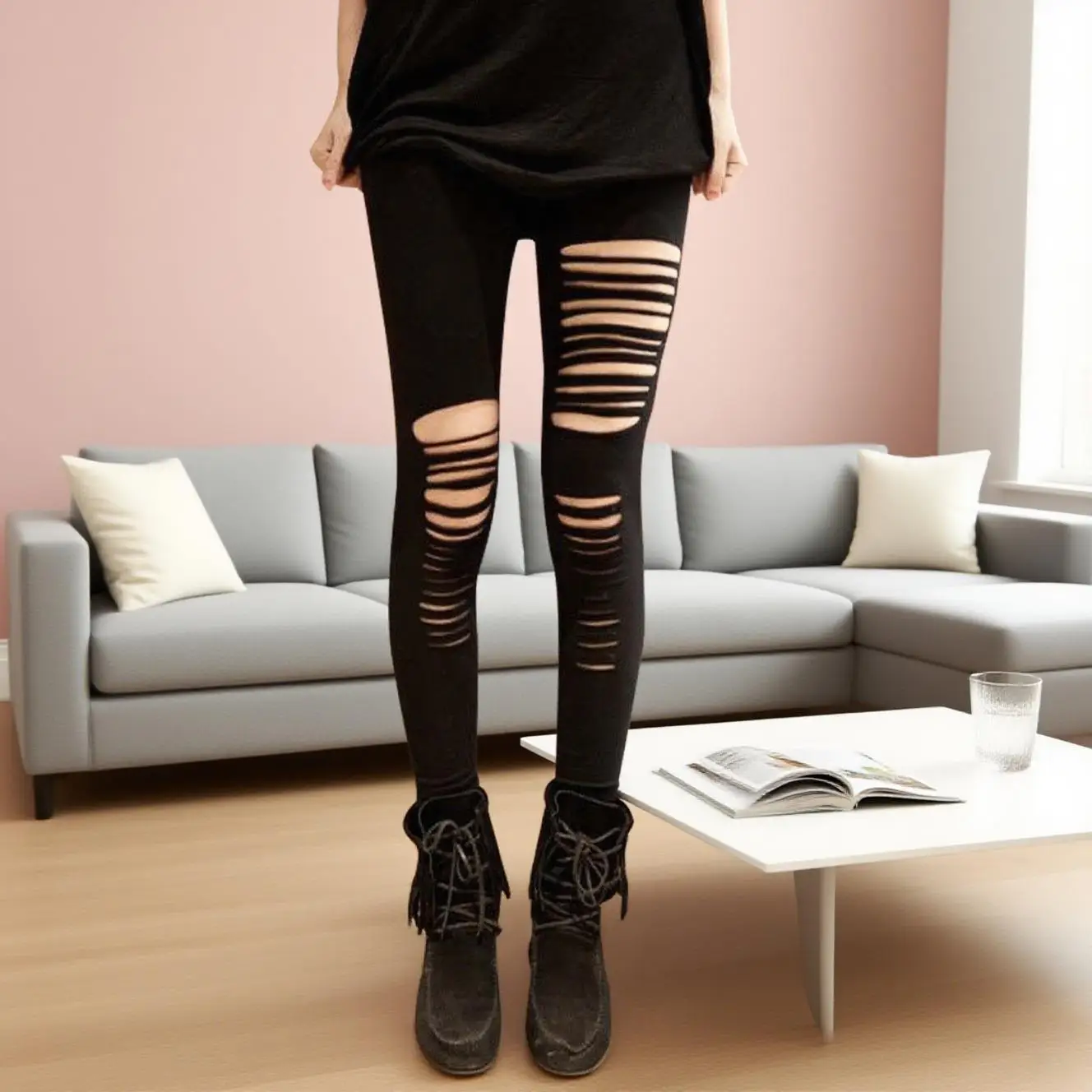 Women's Casual Hollow out Cotton Nine-Five Pants Irregular Base Layer Pants Korean Style Outerwear Trousers Hole Design