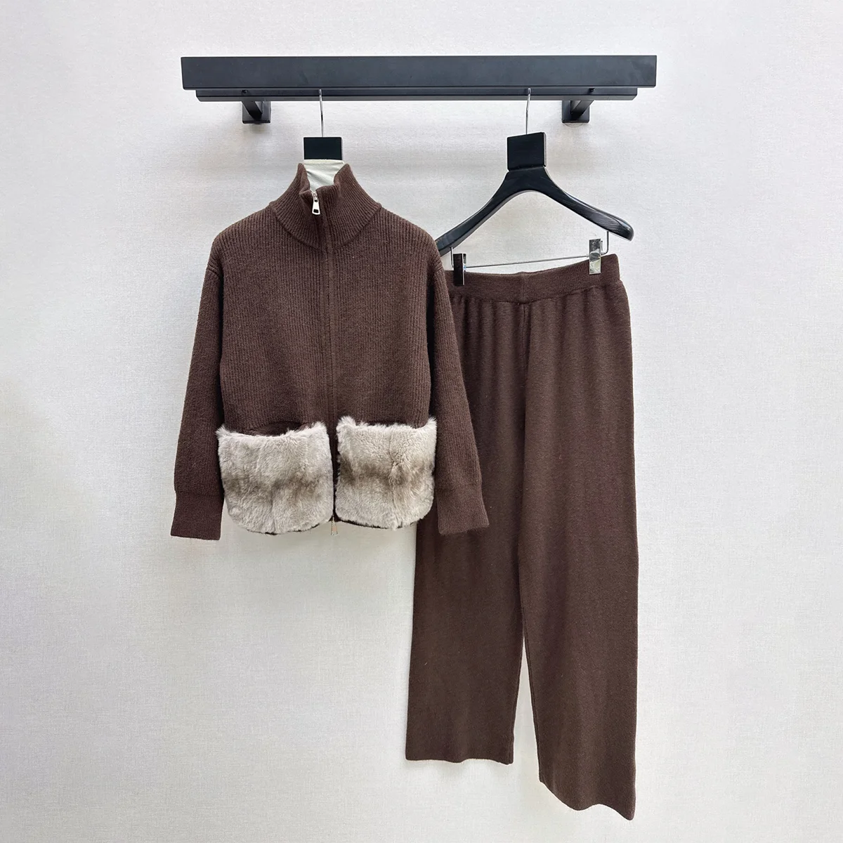 2026 Women Knit 2 Piece Set, Zip Up Turtleneck Cardigan Pocket & Wide Leg Pants261021177
