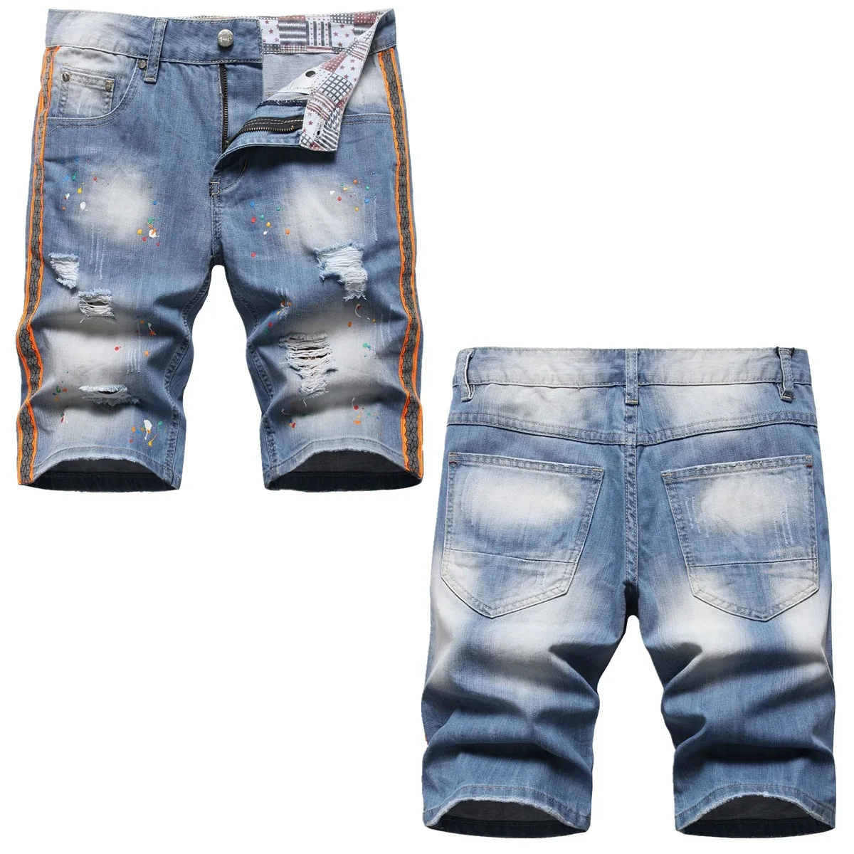 

European and American fashion shorts night reflective colored webbing holes hand spilled paint denim pants