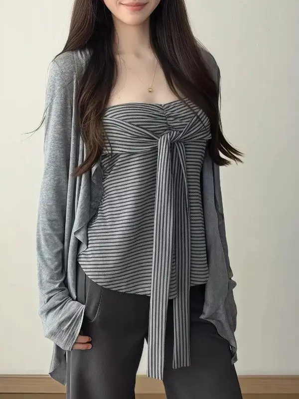 American Vintage 2 Piece Matching Tops Set For Women Striped Strapless Casual Vest Solid Long Sleeved Open Cardigan Autumn