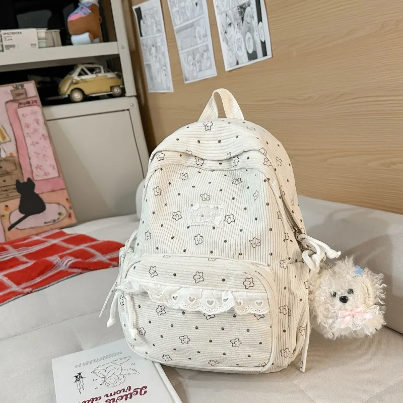Polka Dot Print Cute Preppy Bag with Plush Pendant Kawaii Stuff Y2K Aesthetic Backpack Lace Trim Cottagecore for Girls