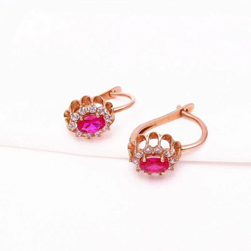 585 purple gold ruby flower earrings for women14K rose gold inlaid crystal elegant wedding high jewelry accessories gift