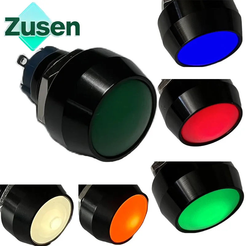 Przycisk przyciskowy Zusen 12mm 1NO, czarny, z tlenkiem glinu, chwilowy/zatrzaskowy, z podświetleniem, IP65, 3V 6V 12V 24V 110V 220V